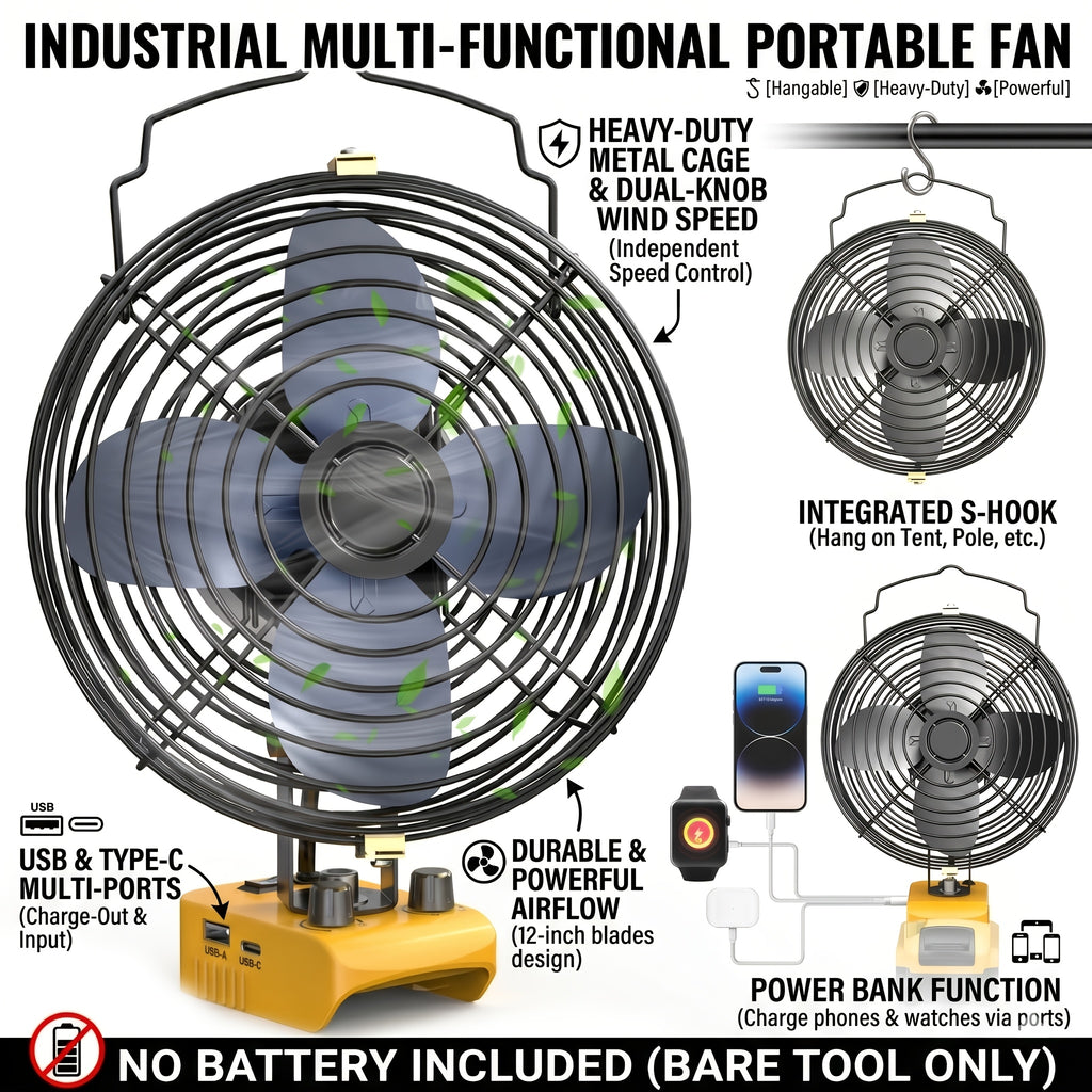 Cordless Jobsite Fan by Ecarke with 8-Inch Model Labels, USB-C Power Bank Feature and Low-Voltage Protection for Garage and Workshop Use, Battery Not Included