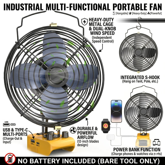 Cordless Jobsite Fan by Ecarke with 8-Inch Model Labels, USB-C Power Bank Feature and Low-Voltage Protection for Garage and Workshop Use, Battery Not Included