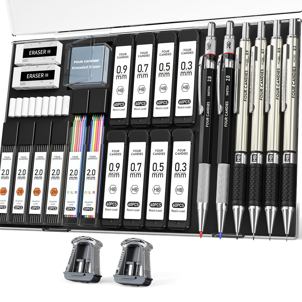 Mechanical Drawing Pencil Set by Four Candies with Case, Four 0.3 to 0.9mm Metal Pencils, Two 2mm Lead Holders and Listed 552 Graphite Refills for Sketching