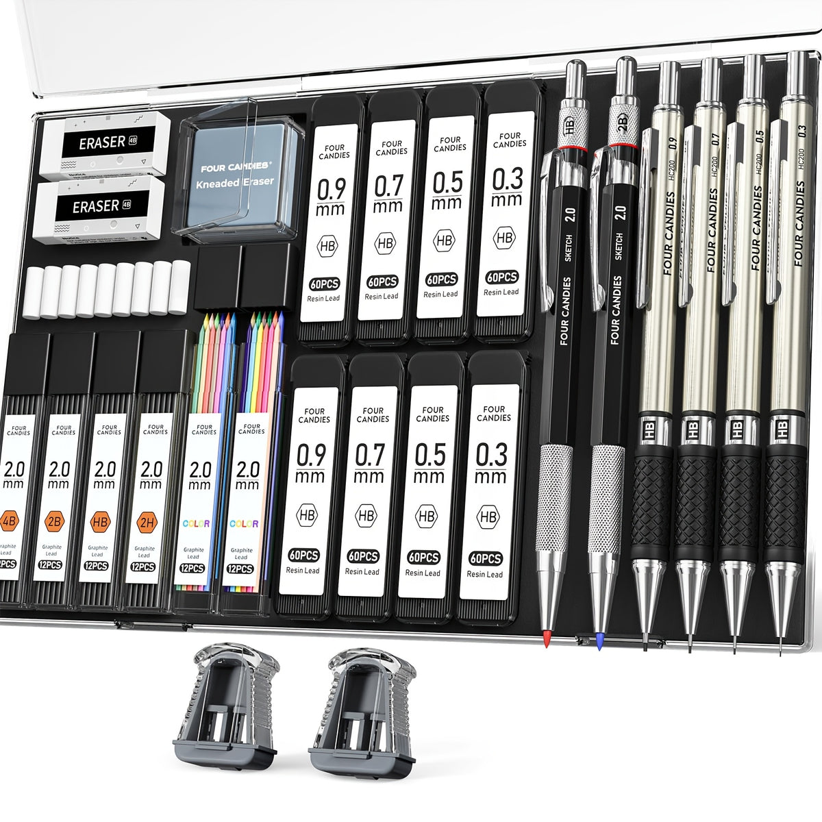 Mechanical Drawing Pencil Set by Four Candies with Case, Four 0.3 to 0.9mm Metal Pencils, Two 2mm Lead Holders and Listed 552 Graphite Refills for Sketching