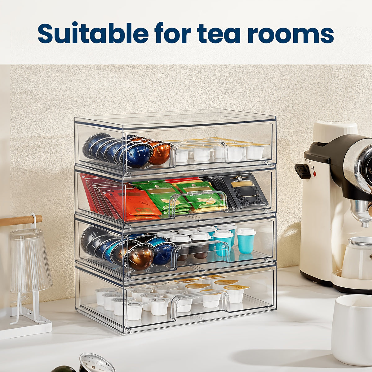 Clear Stackable Storage Drawers in Two-Pack Wide or Four-Pack Wide and High Options, Acrylic Desk Organizers for Office Supplies, Vanity Items and Art Materials