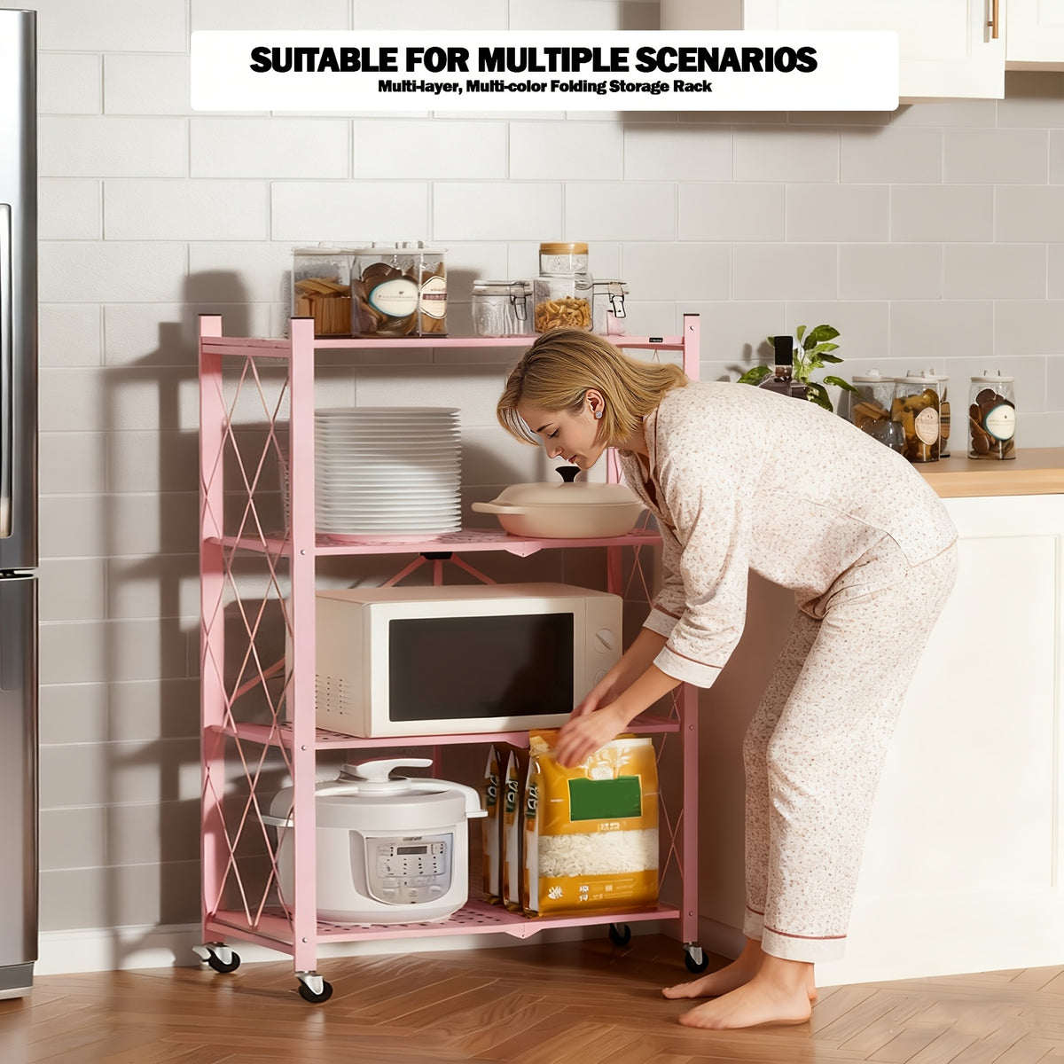 Folding Metal Shelving Unit with Listed Lockable Wheels, 3-, 4- or 5-Tier Storage Rack and Plant Stand in Black, White, Pink or Green for Home Organization
