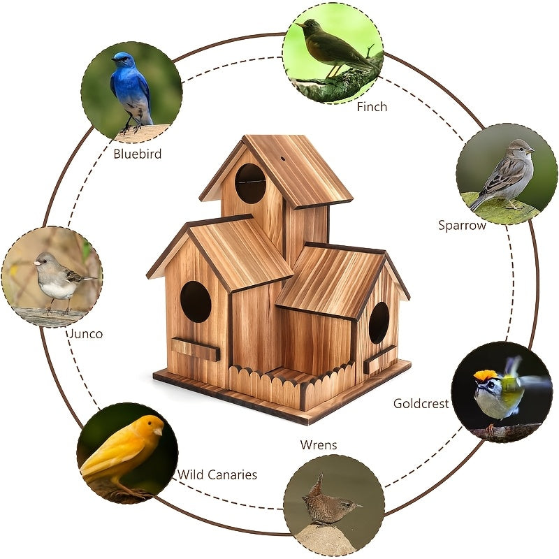 Hanging Bird House with Three Listed Openings and Artificial Wood Material Reference, Garden Shelter Design for Decorative Yard Displays and Birdwatching Areas