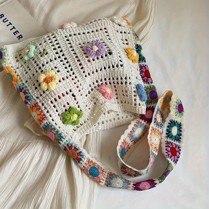 Boho Messenger Bag for Women with Hollow Flower Details and Contrast Fabric, Vintage-Inspired Casual Purse with Button Accents, No Closure and Seven Option Labels