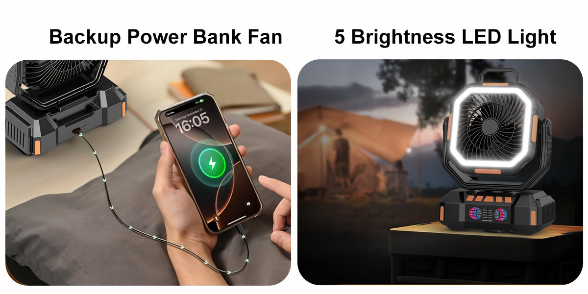 Cordless Oscillating Camping Fan with 40000mAh Rechargeable Battery, 4 Speeds and LED Lantern for Tent Airflow, RV Travel, Picnics and Home Power Outages