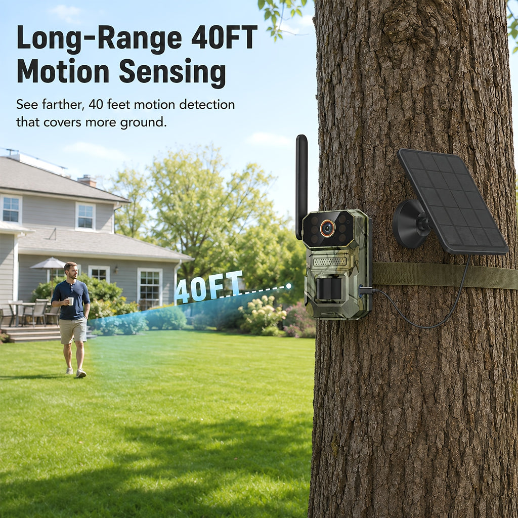 Camouflage Cellular Trail Camera with Listed 3K Imaging, Solar Panel Support, 40ft Motion Detection, Infrared Night Vision and Wide-Angle Lens for Wildlife Observation