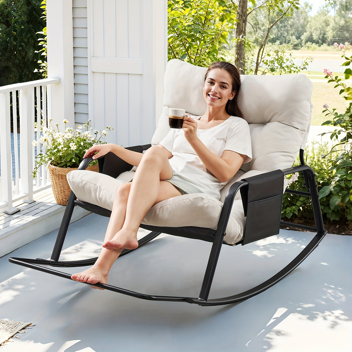 Patio Rocking Chair with Cushion in Papasan Egg Style, Grey, Beige, Khaki or Black with One or Two-Piece Options for Deck Lounging and Garden Reading