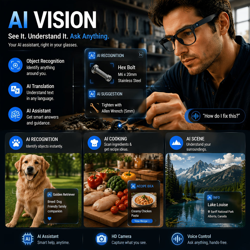 Replaceable-Lens AI Smart Glasses with Listed 8MP Camera, Image Stabilization, Video and Audio Recording, Translation, Voice Control and Music Playback