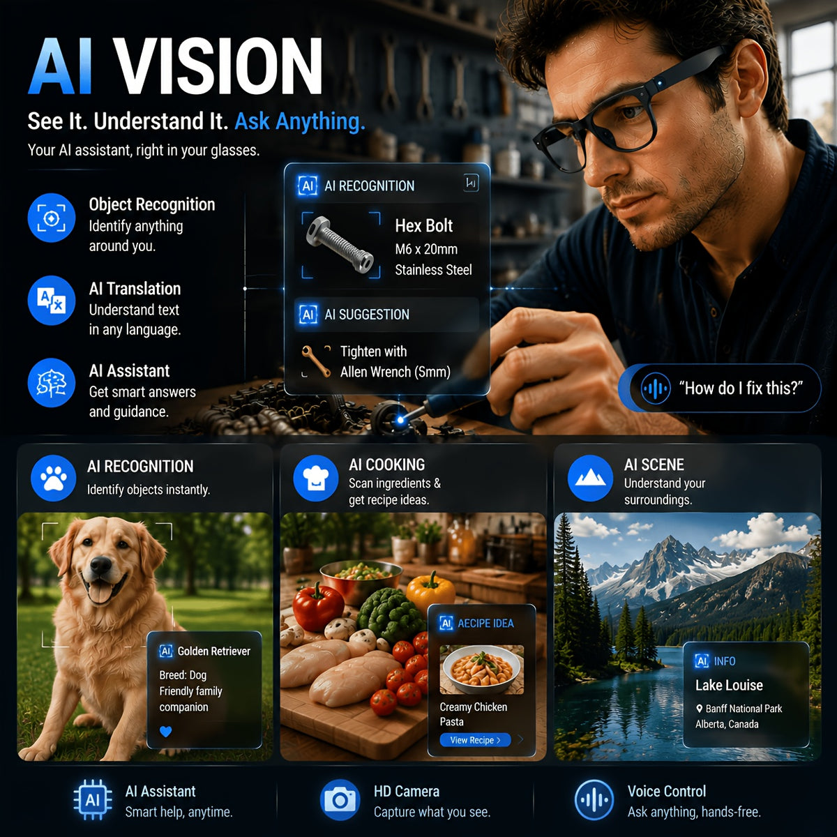 Replaceable-Lens AI Smart Glasses with Listed 8MP Camera, Image Stabilization, Video and Audio Recording, Translation, Voice Control and Music Playback