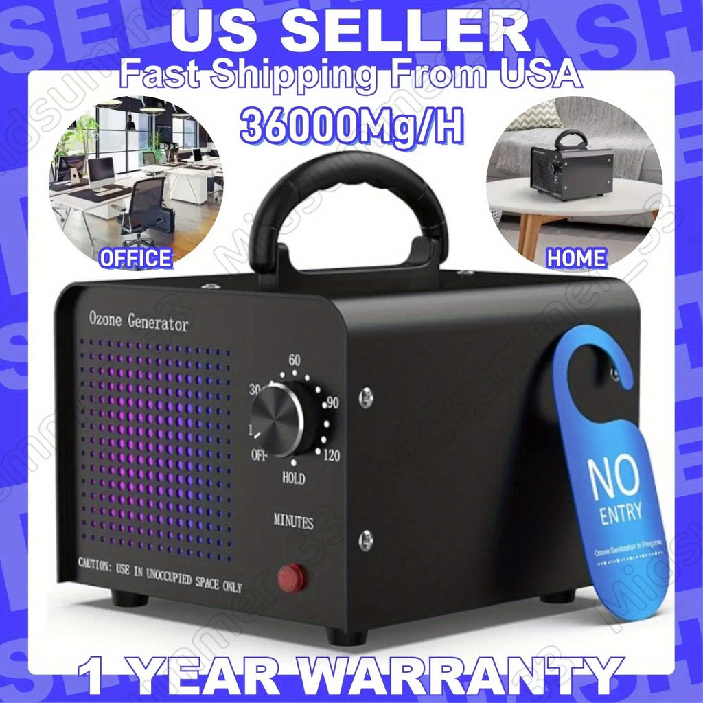 Black Ozone Generator with Fan and Timer Knob, Commercial Odor-Treatment Machine with Conflicting Source Output Ratings and Unoccupied-Space Safety Considerations