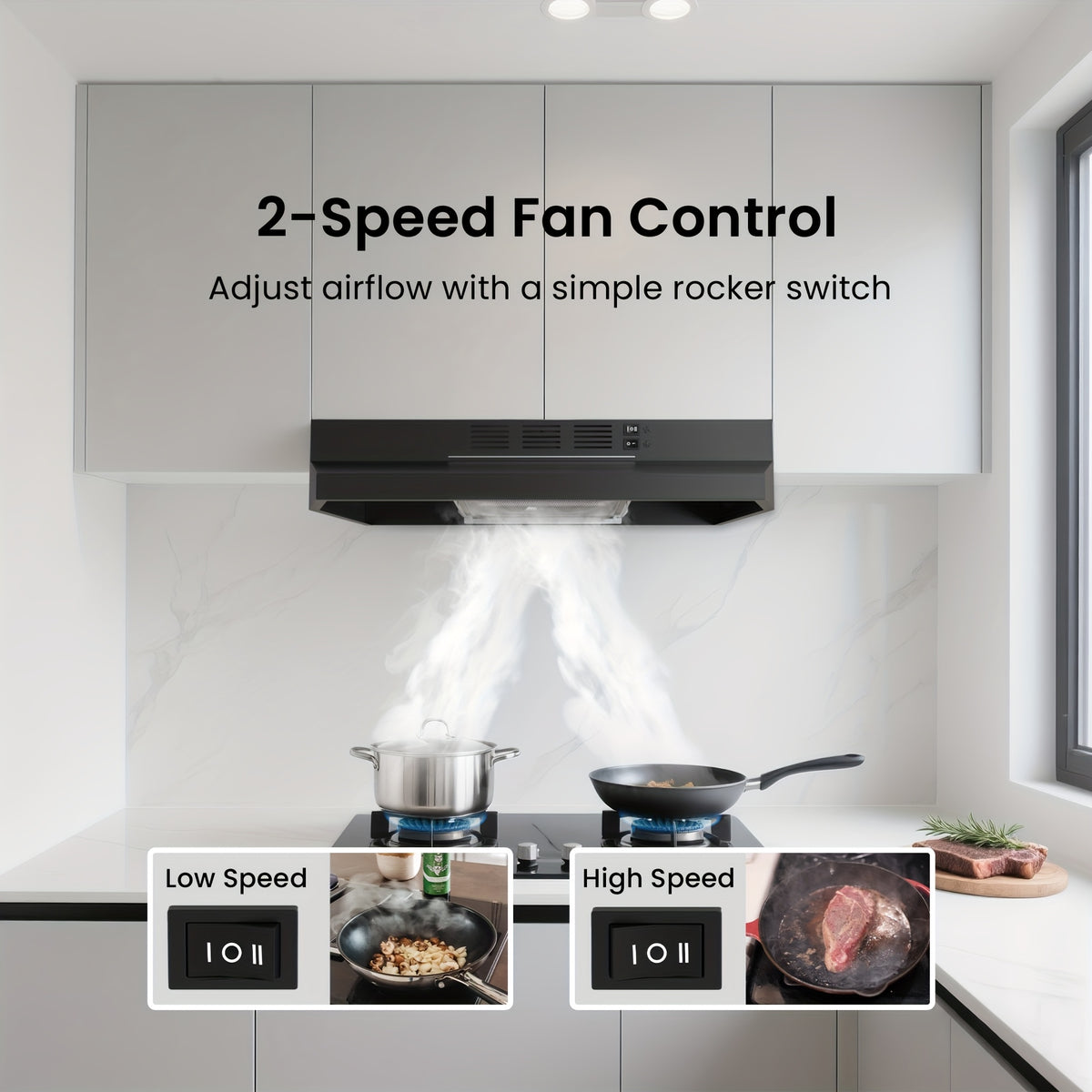 30-Inch Under-Cabinet Range Hood with Listed 350 CFM Airflow, LED Light and Two-Speed Fan, Ducted or Non-Ducted Configuration in Three Finish Option Labels