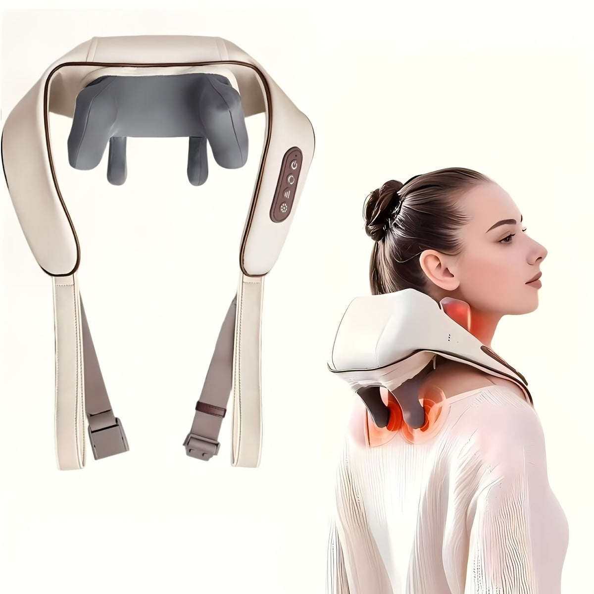 8D Kneading Neck and Shoulder Massager with Wireless Electric Massage Pillow Design, Black or Beige Color Options for Adult Home Relaxation