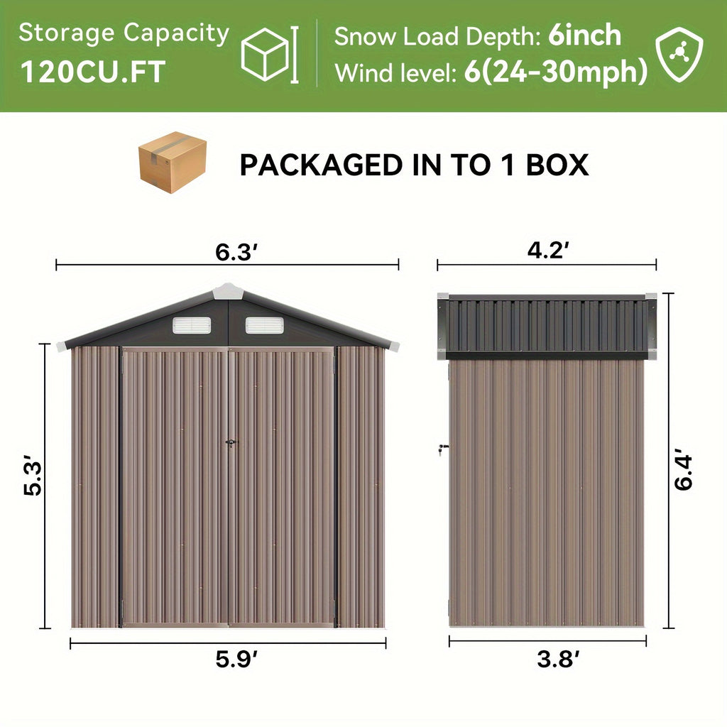 Metal Garden Storage Shed, 6 x 4 FT Class Outdoor Tool Building with Galvanized Steel Frame, Padlock-Ready Doors, Sloped Roof and Vents for Backyard Organization