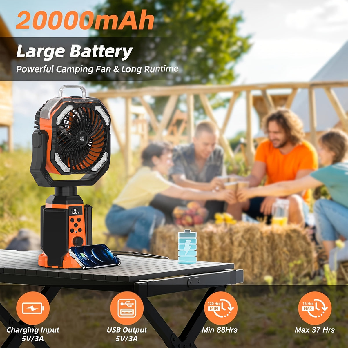 Portable Tent Fan F30P with Listed 20000mAh Rechargeable Battery, LED Light, Hook, 8-Blade Design and 270° Rotation for Camping in Black or Orange