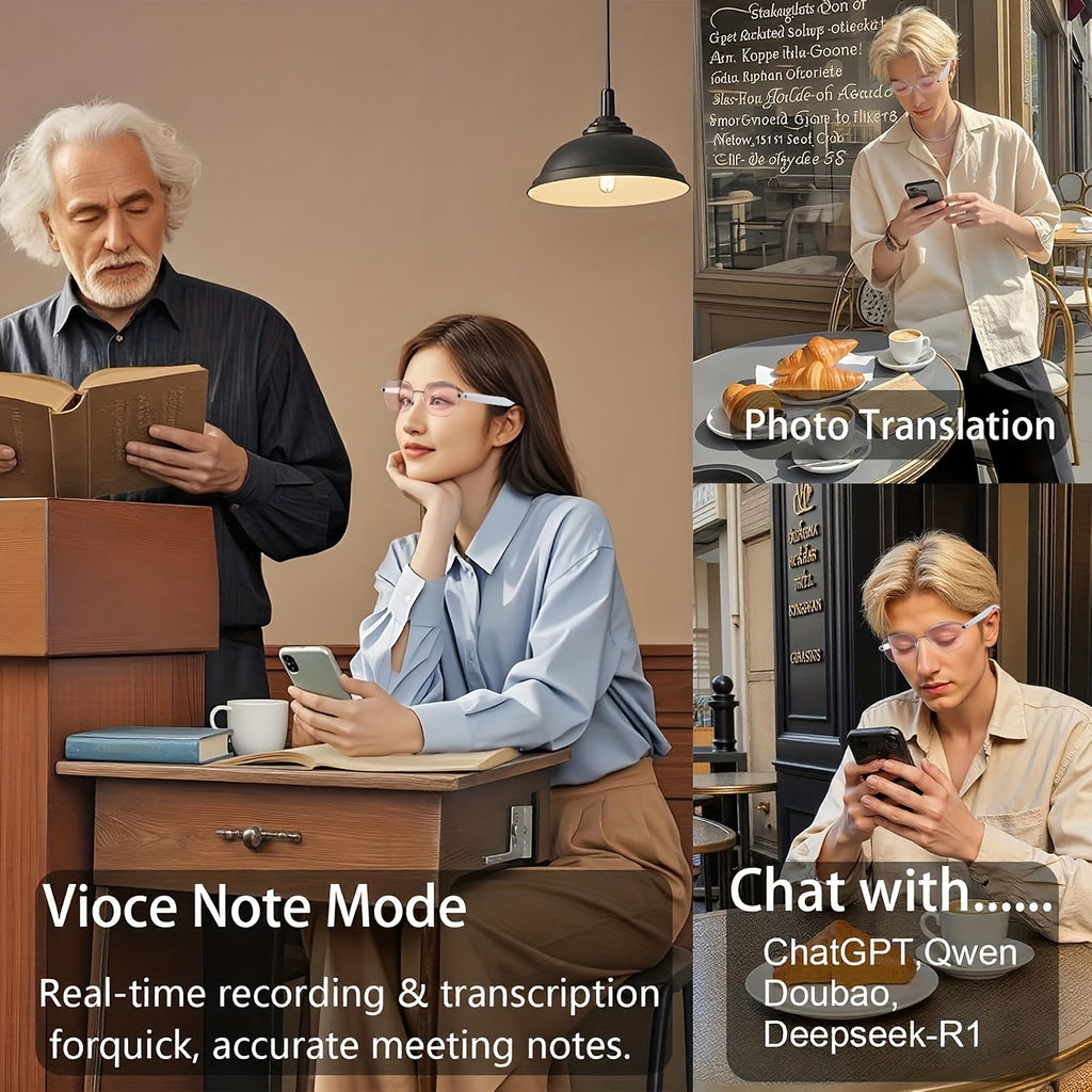 Auto-Tint AI Translation Glasses with Listed 164-Language Support, Calling and Music Playback, Black Metal or UF05 Gold and Silver Lens Options