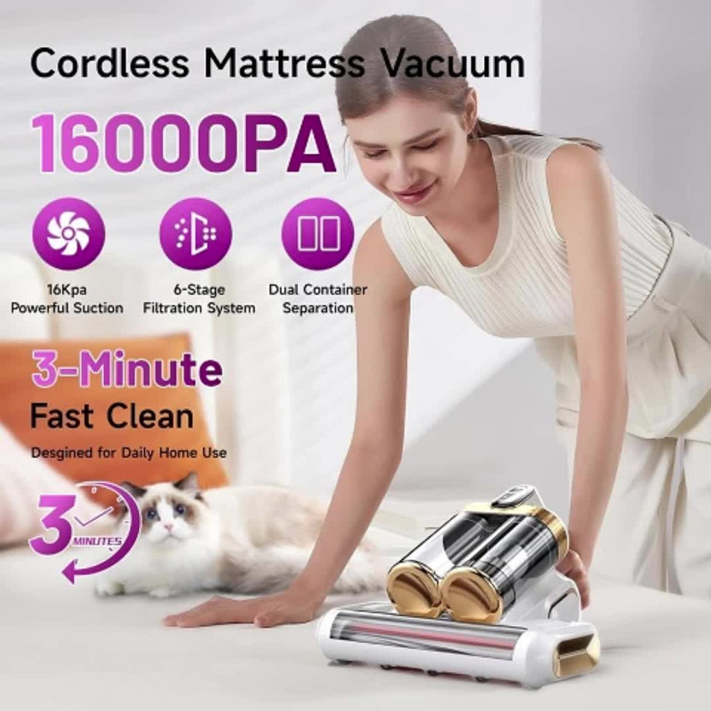 UVC Mattress Vacuum Cleaner with Hot Air, 16KPa Powerful Suction Bed Vacuum with Dual Dust Cup, Handheld Deep Cleaning Mattress Machine for Pillows, Sofa, and Carpet