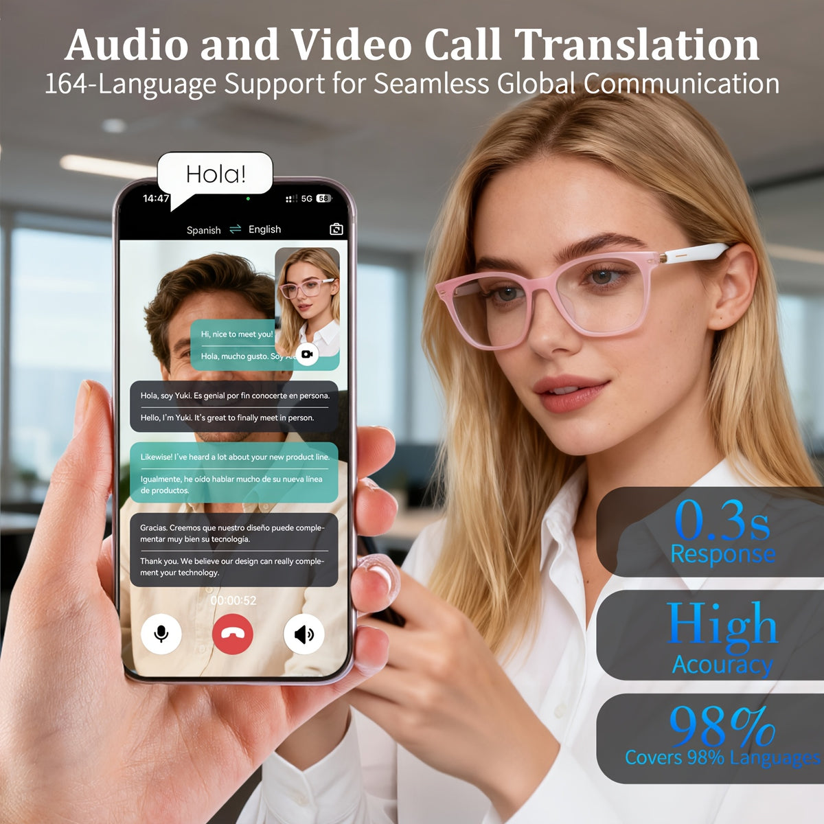 Wireless AI Translation Glasses with Listed 164-Language Support, Photochromic Lenses, Music and Hands-Free Calls in Black, Tortoiseshell or Pink