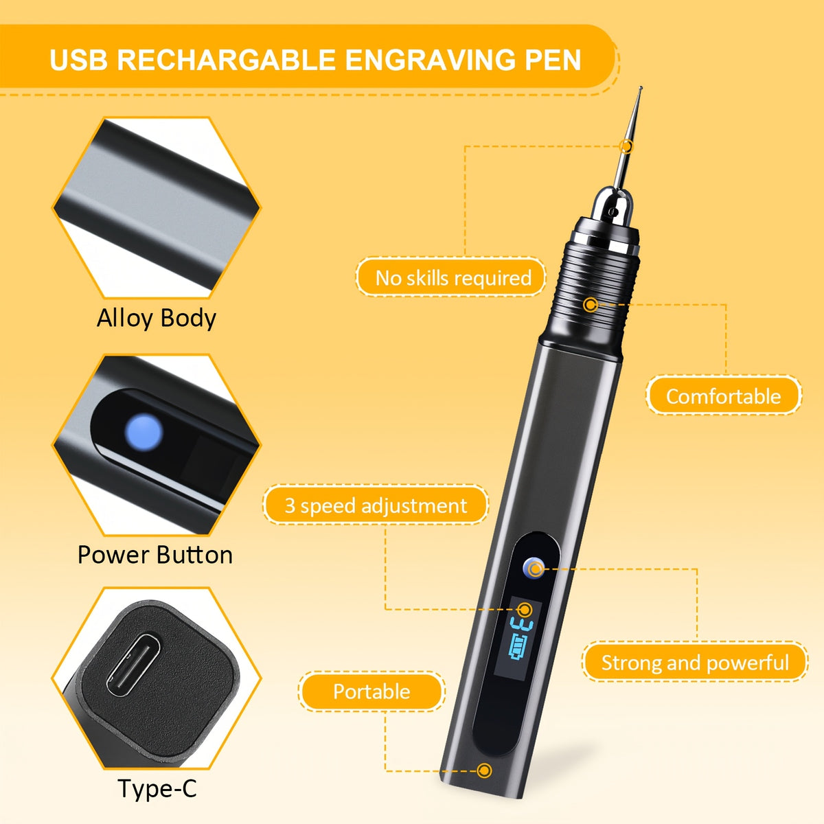 Mini Electric Engraving Pen Kit with Listed Type-C Charging and Three Speed Settings, Rotary Etching Tool Options for Adult DIY Names and Decorative Crafts