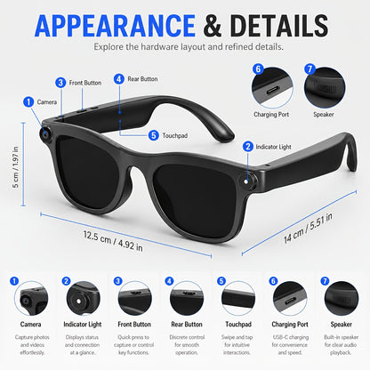 Camera Glasses by KLZO with Listed 13MP Camera, Wireless Recording Eyewear for Photos, Video and Audio with Music and Translation Functions