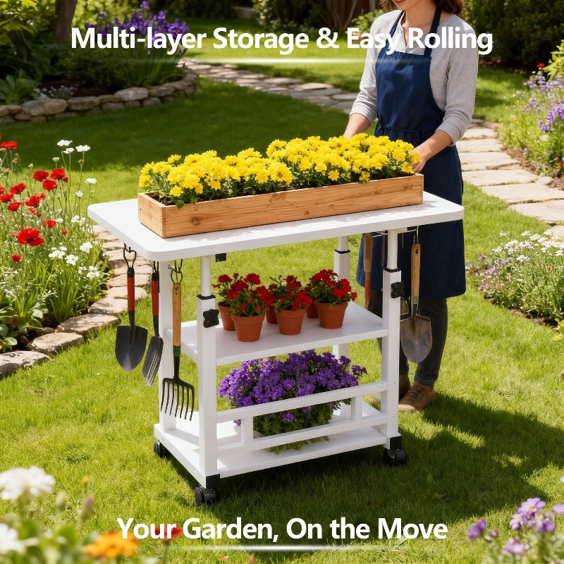 Adjustable Height Garden Workbench with Listed Metal Structure and Lockable Wheels, Plant Work Table in Wood Grain Black or Pearl White with Storage Options
