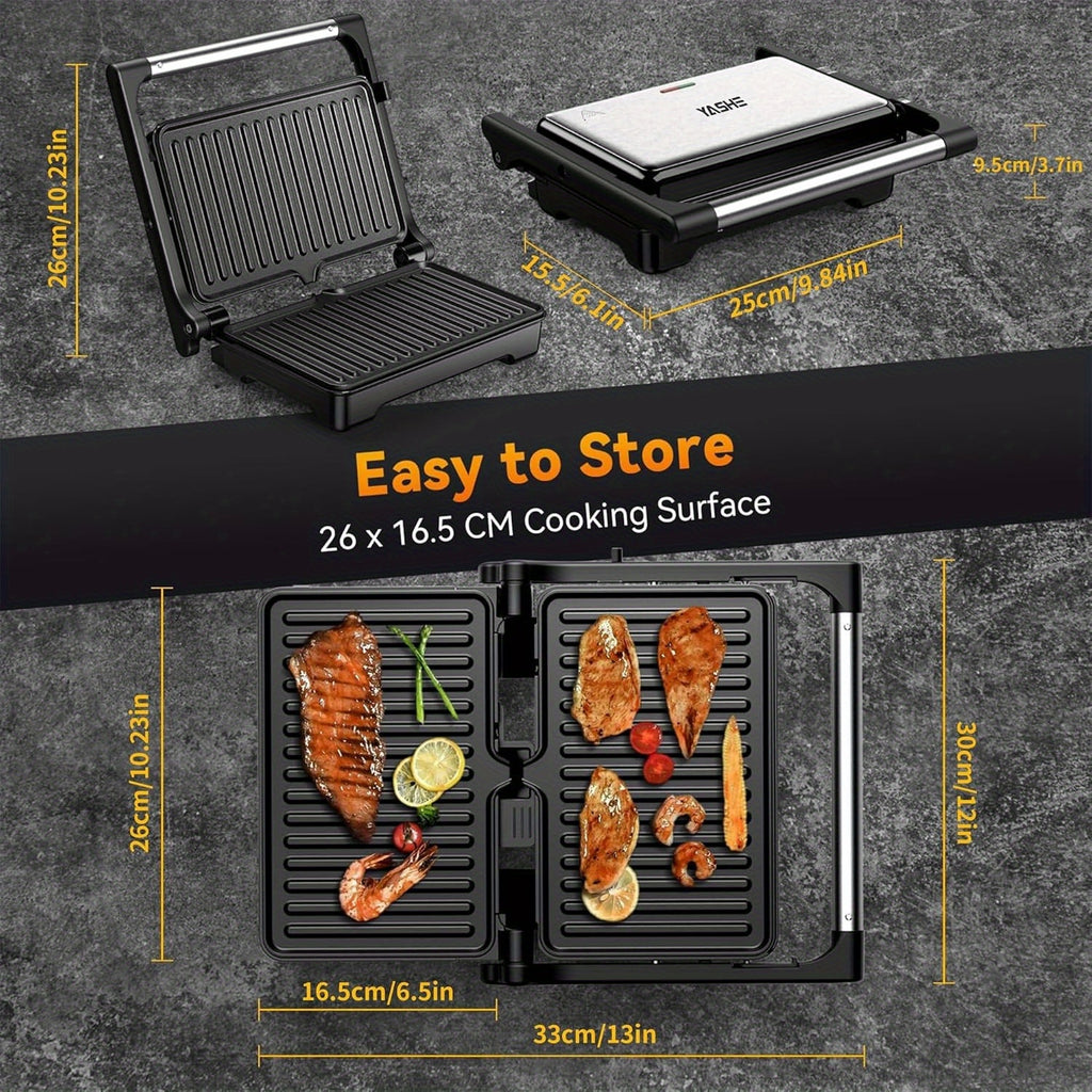 YASHE Panini Grill Press ZJ-521 with 1200W Heating, Nonstick Cast Aluminum Plates, Two-Slice Bread Capacity, 180-Degree Opening and Ready Indicator Lights