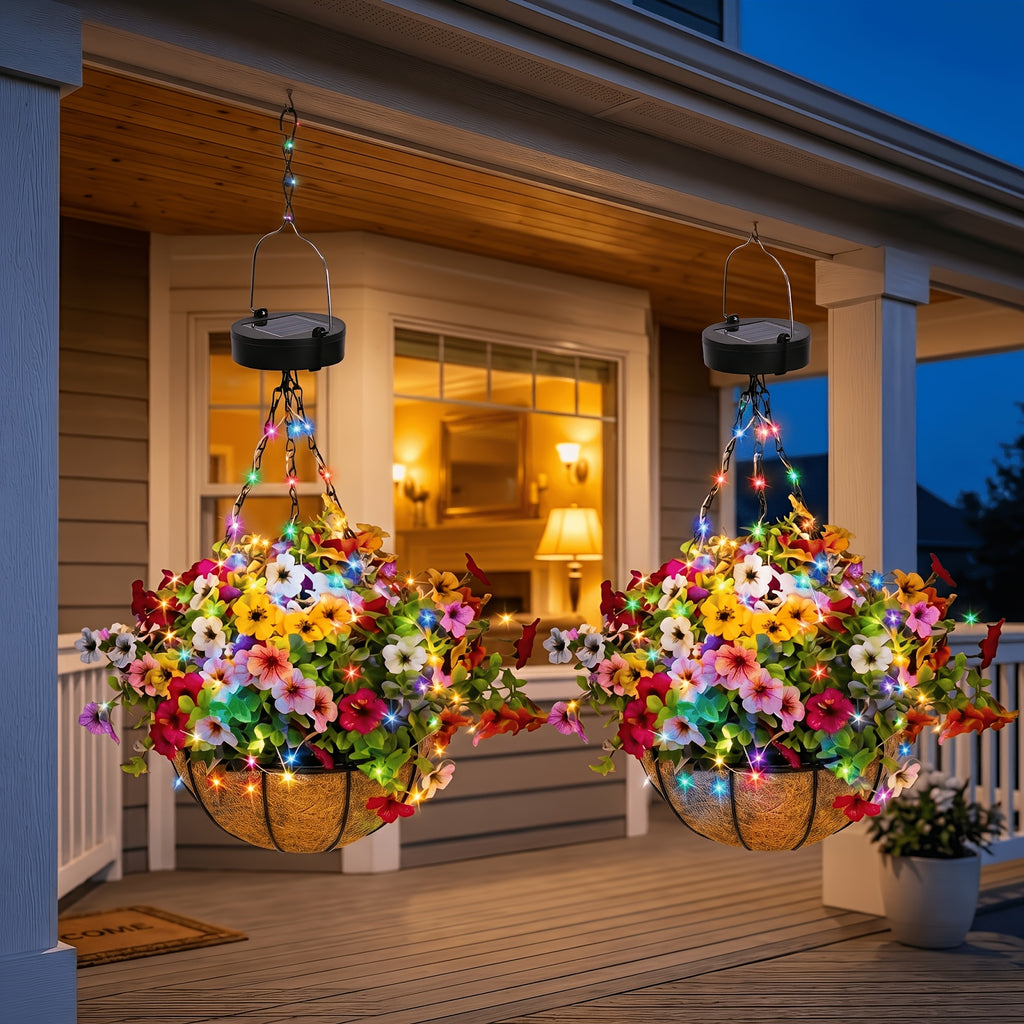 Solar Hanging Flower Baskets, Artificial Floral Decor with Coco Coir Liner and Listed 10-Inch Size, Multicolor Selection Labels for Porch and Patio Displays