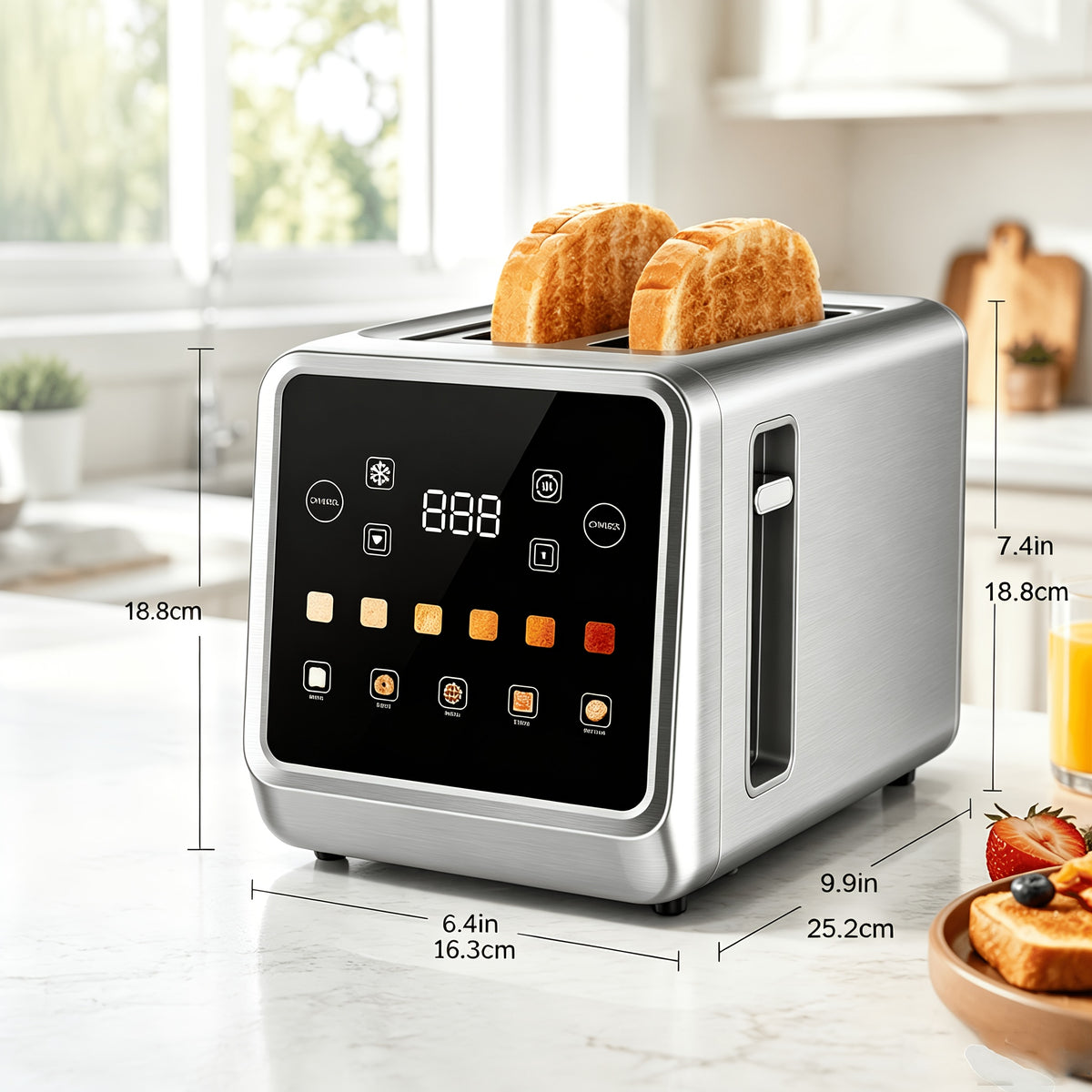 Digital Touchscreen Toaster, 2-Slice 900W Stainless Steel Model with 1.5-Inch Wide Slots, Memory Function, 5 Bread Types and 6 Shade Settings
