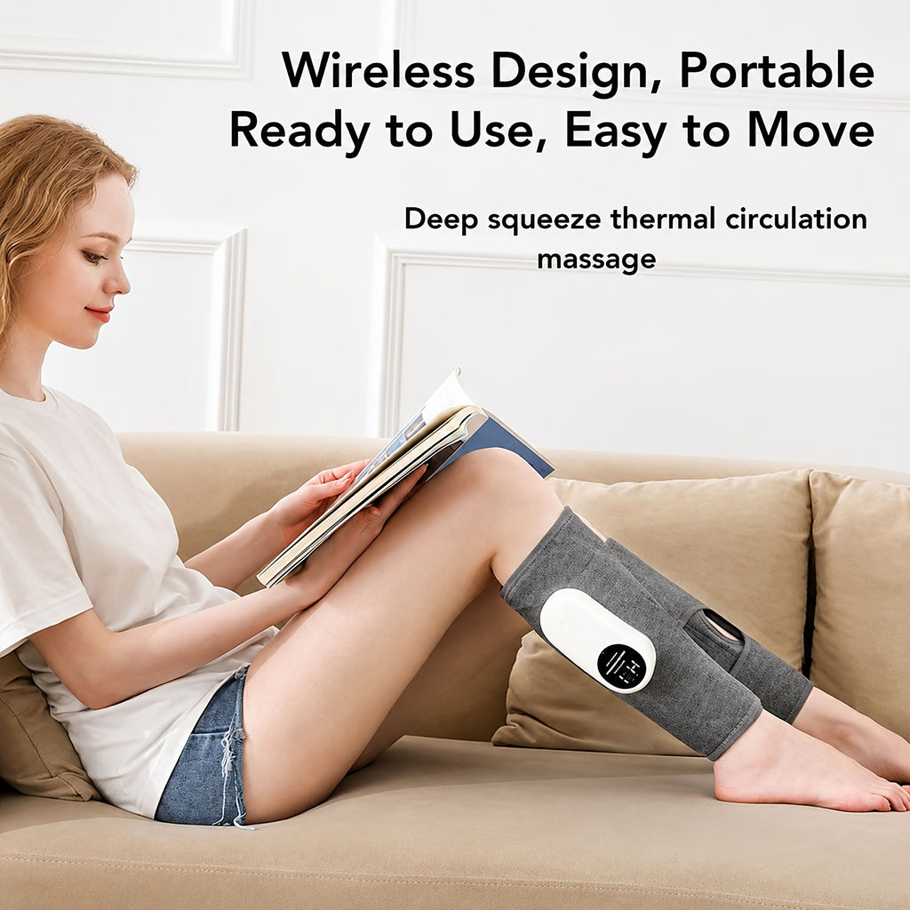 Grey Rechargeable Compression Leg Massager, One-Piece USB-Charging Device with Listed 2000mAh Battery, Three Intensity Levels and Three Temperature Settings