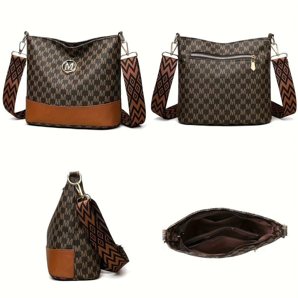 Patchwork Shoulder and Crossbody Bag with Vintage Styling and Wide Lettered Woven Strap, White or Brown Options for Workday Outings, Shopping and Dining
