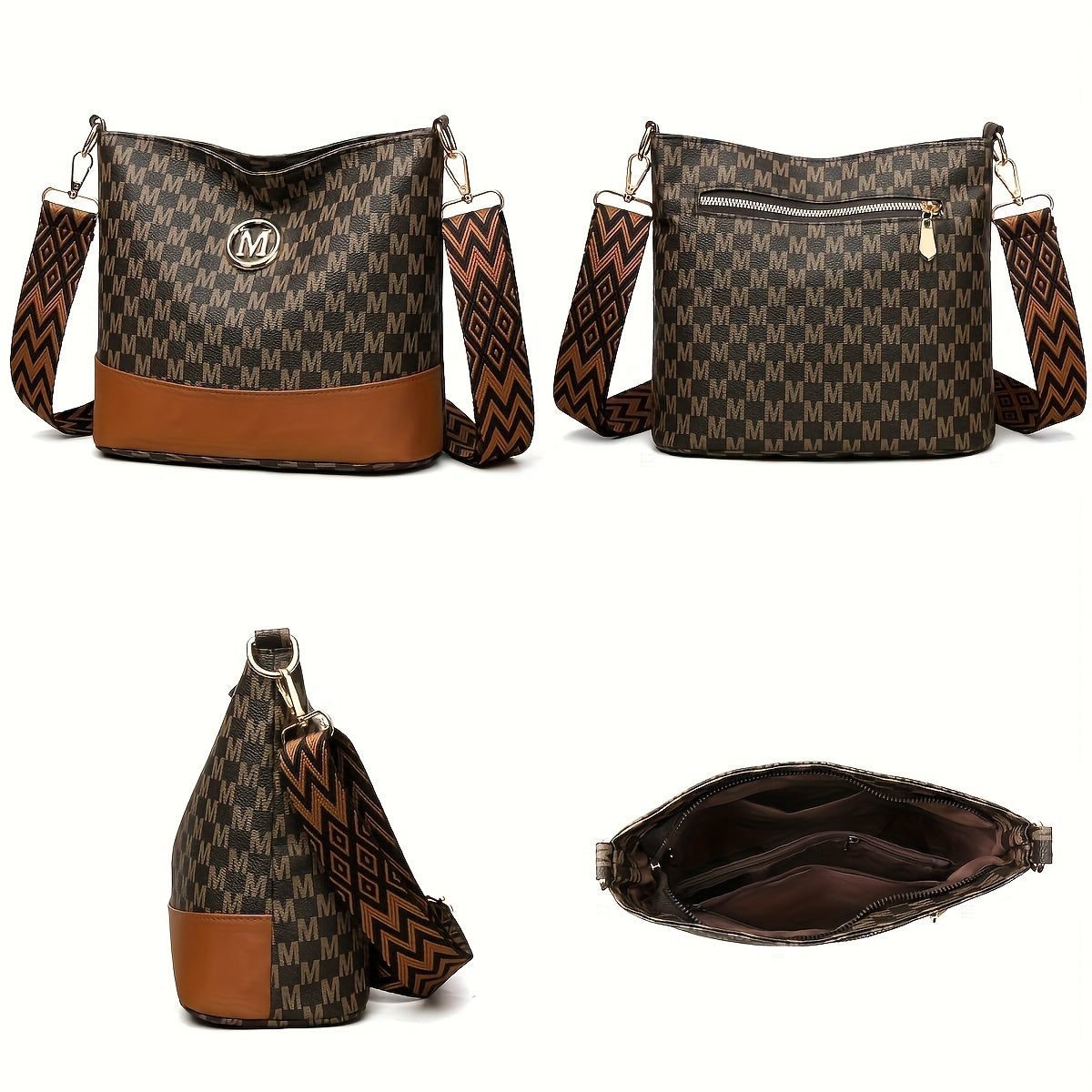 Patchwork Shoulder and Crossbody Bag with Vintage Styling and Wide Lettered Woven Strap, White or Brown Options for Workday Outings, Shopping and Dining