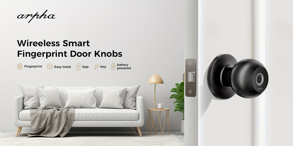 Replaceable-Battery Smart Door Knob by Arpha in Black with Listed Fingerprint, Passcode, Tuya App and Physical Key Access, Passage and Privacy Modes, Battery Excluded
