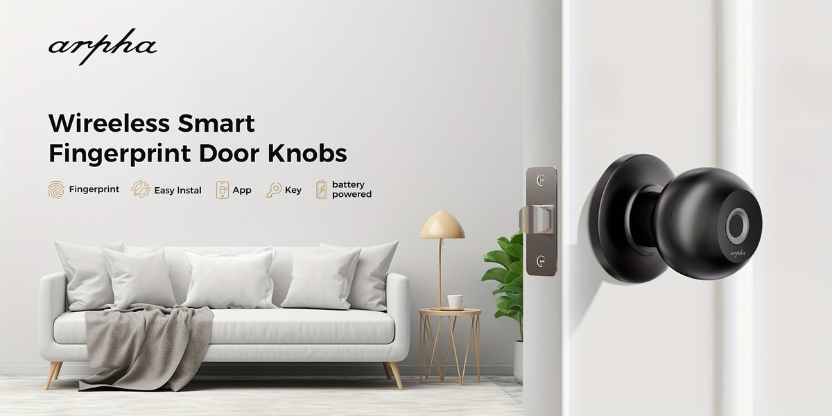 Replaceable-Battery Smart Door Knob by Arpha in Black with Listed Fingerprint, Passcode, Tuya App and Physical Key Access, Passage and Privacy Modes, Battery Excluded