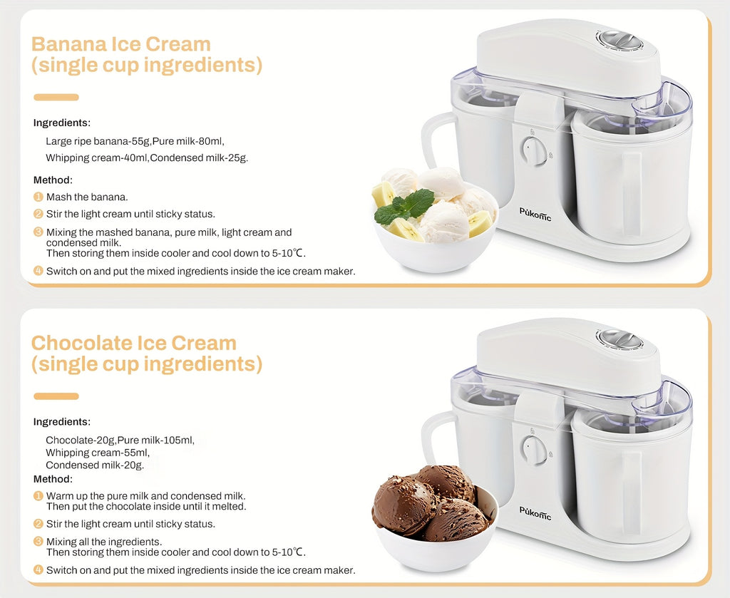 Automatic Ice Cream Maker for Home, Two-Cup Design Makes Two Flavors of Ice Cream, Sorbet and Frozen Yogurt at Once, Healthy Ingredients Control, Easy-Clean Separated Cups, Summer Dessert Machine for Kids Parties and Family