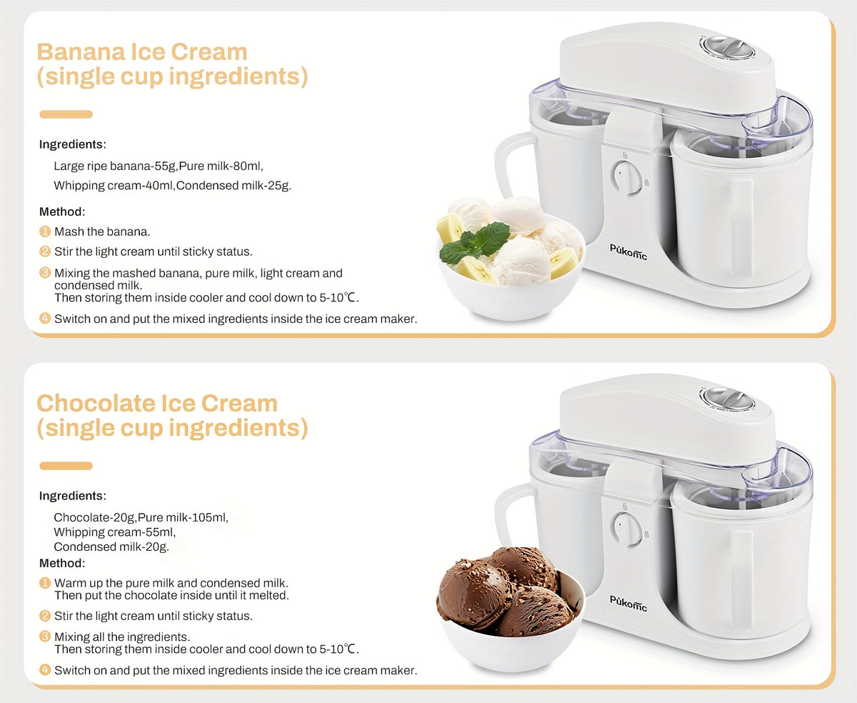 Automatic Ice Cream Maker for Home, Two-Cup Design Makes Two Flavors of Ice Cream, Sorbet and Frozen Yogurt at Once, Healthy Ingredients Control, Easy-Clean Separated Cups, Summer Dessert Machine for Kids Parties and Family