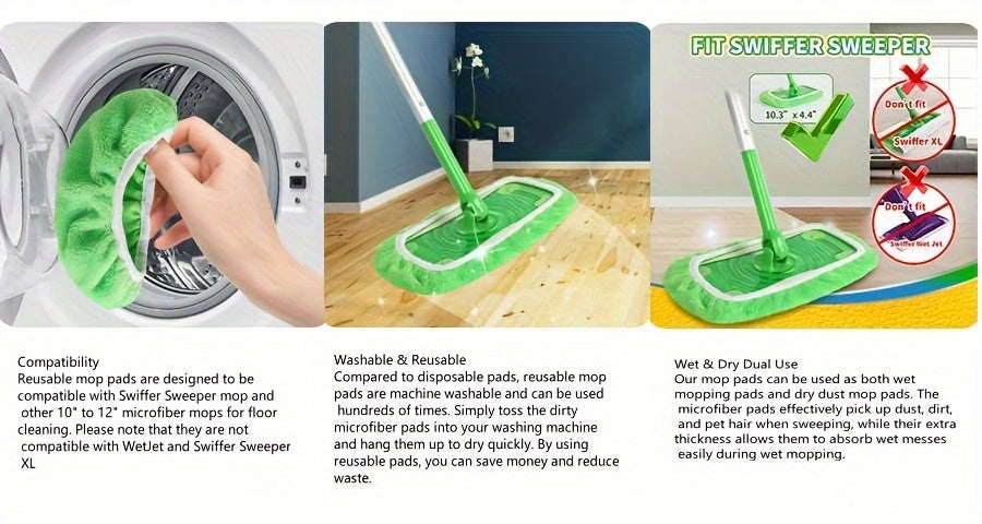 Reusable Microfiber Mop Pads in Green, 15 Washable Cleaning Cloths for Dry Sweeping and Wet Mopping with Listed Swiffer Sweeper Compatibility, Mop Not Included