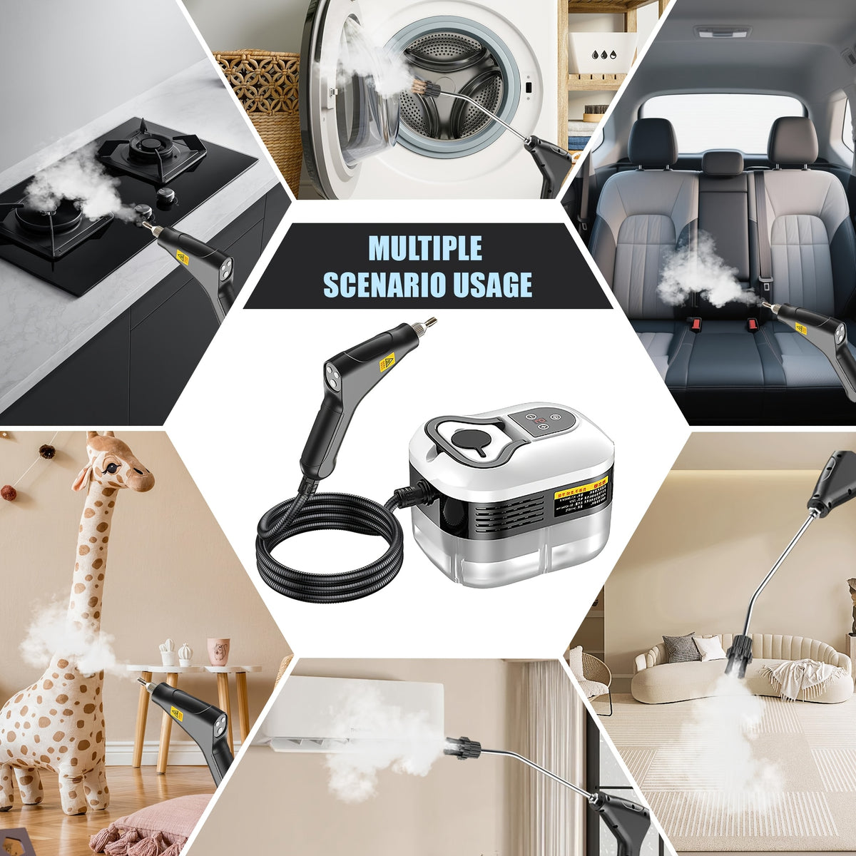Steam Cleaner with Three Brush Heads, Portable High-Pressure Cleaning Machine in White Upgrade for Compatible Kitchen Surfaces, Bathroom Tile and Grout