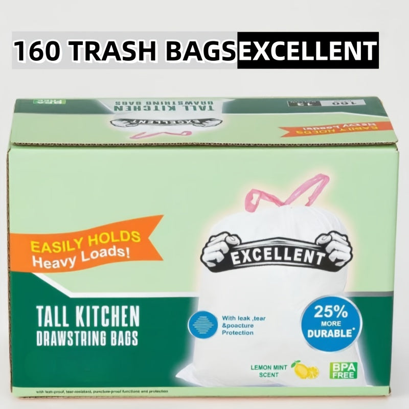 Lemon Mint Scented Trash Bags, 160-Count Box with 2 Rolls and Drawstring Closures, Disposable Household Garbage Liners with Listed Tear-Resistant Design