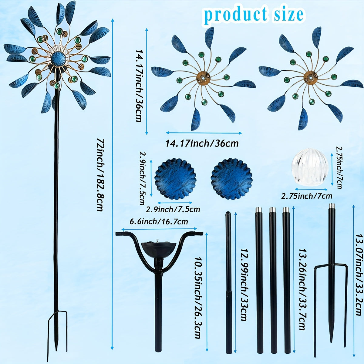 Garden Wind Spinner with Solar Multicolor LED Light, Metal Pinwheel Yard Decor with Listed 72-Inch Size and Red, Bronze, Blue or Butterfly Design Options