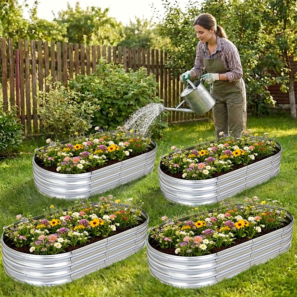 Galvanized Oval Planter Bed Pair for Outdoor Gardening, Listed 4 x 2 x 1 ft Raised Beds in Two-Piece Sets with Black or Brown Options for Home Planting Projects