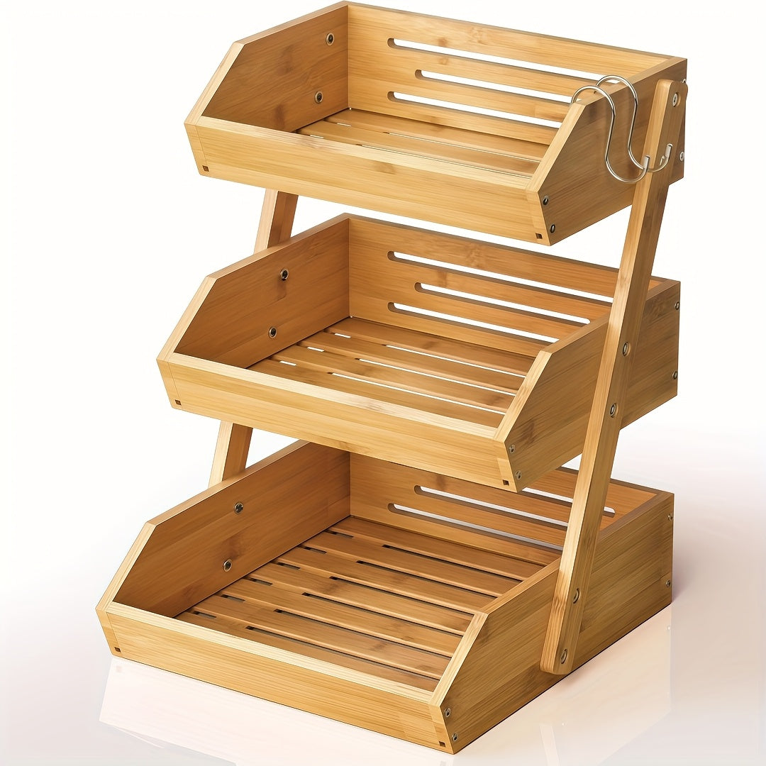 Wooden Fruit Basket Stand for Kitchen Countertops, Two or Three Tier Open Slat Produce Organizer with Natural Wood Finish and Detachable Hooks for Fruit, Bread and Packaged Snacks