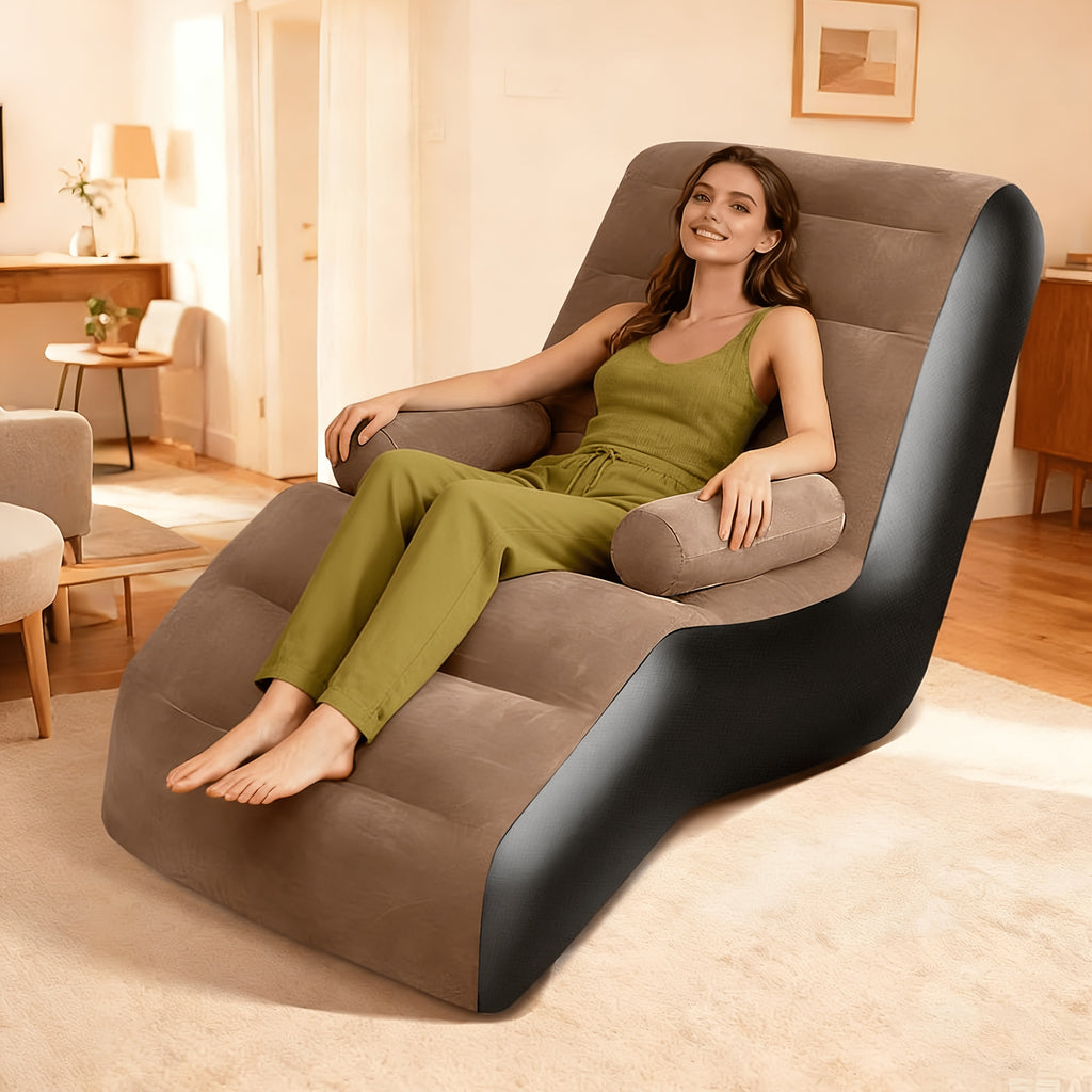Inflatable Couch for Adults in Coffee Brown with Armrest and Listed Flocked Surface, Portable Air Sofa for Movie Night Seating and Camping Lounge Setups