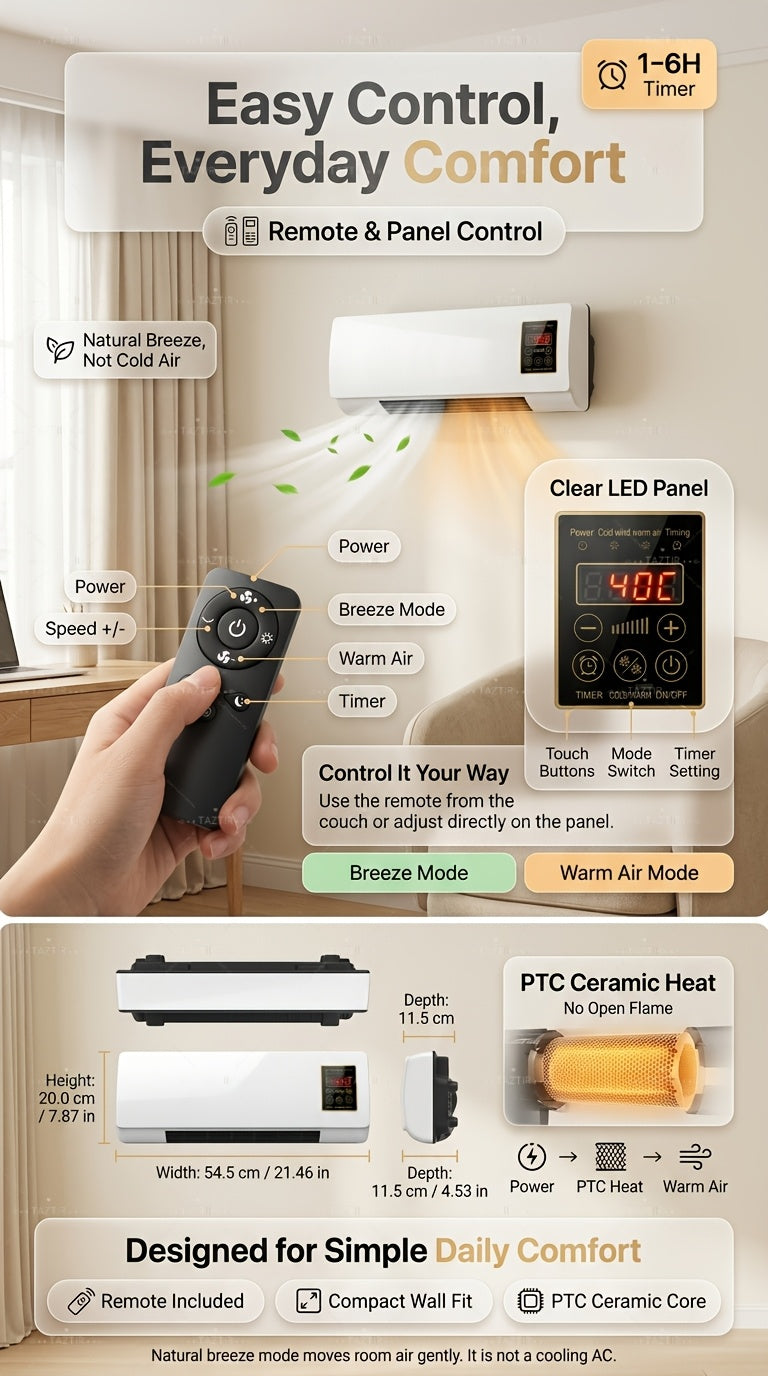 1200W Wall-Mounted Ceramic Heater in White, PTC Heating Design with Remote Control and Timer, Listed Dual-Mode Model for Space-Conscious Home Installation