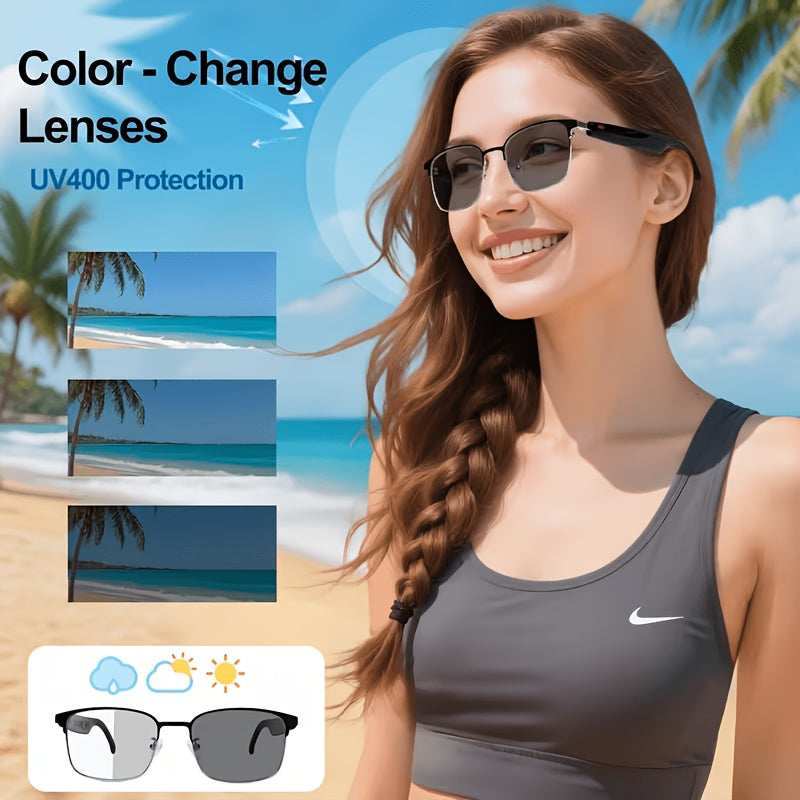 AI Translation Audio Glasses with Listed 130+ Language Support, Built-In Microphone and Speaker, Voice Calling and Color-Changing Lens Wording in Three Frame Styles