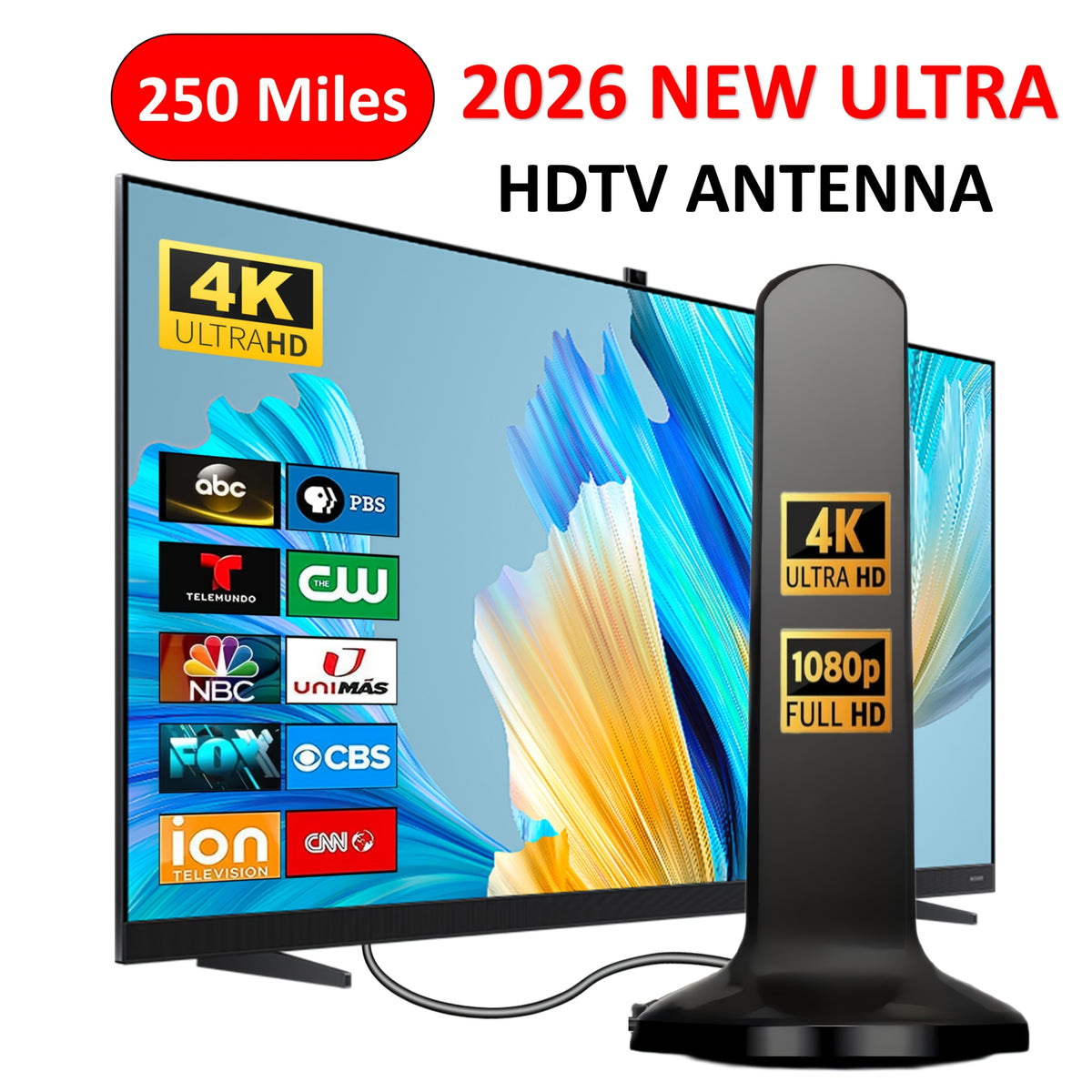 HDTV Broadcast Reception Antenna in Black for Compatible Television Setups, with Listed 4K and 1080P Support for Local Over-the-Air Viewing