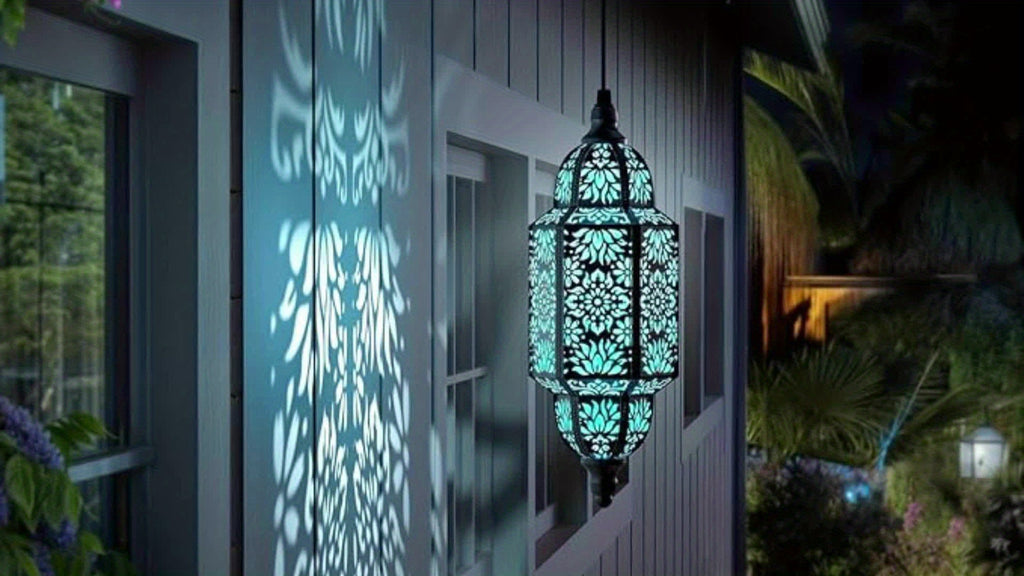 Hexagonal Solar Hanging Lantern, Moroccan-Inspired Hollow Iron Garden Light with Floral Pattern Projections and Automatic Night Lighting for Patio and Porch Decor