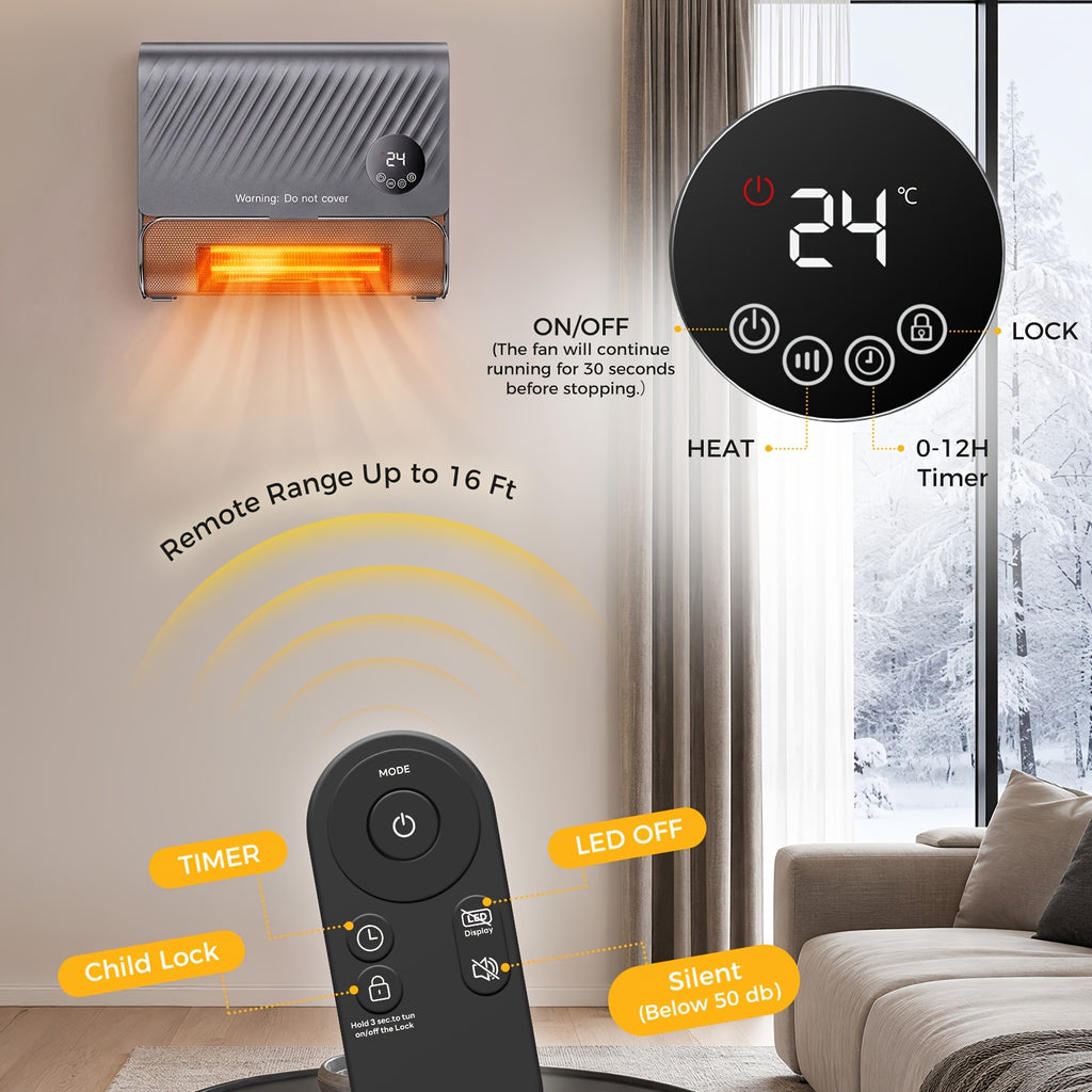 Remote-Control Wall Heater with Listed 1500W Heating, Three Fan Speeds and Overheat Protection, White or Gray Panel Design for Supplemental Indoor Warmth