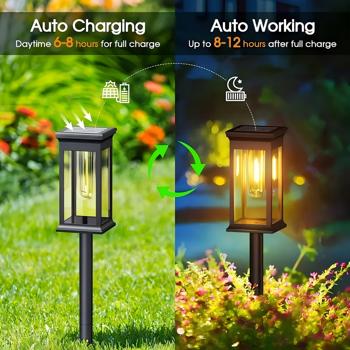 Solar Outdoor Path Lights Eight-Pack with Listed Automatic On-Off and IP44 Rating for Decorative Garden Borders, Lawn Areas, Terraces and Home Landscape Displays