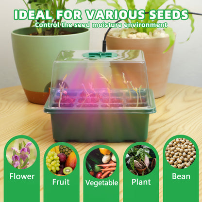 Seed Starting Trays with Grow Light, 5-Set Seedling Kit with Elevated Adjustable Humidity Domes and Clear Cell Trays for Greenhouse Gardening
