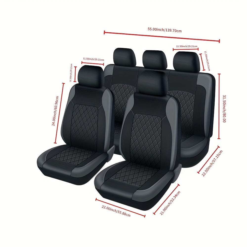 Faux Leather Car Seat Covers Full Set for Five Seats, Front Seat and Rear Bench Coverage with Split-Seat Compatibility and Multiple Color Options