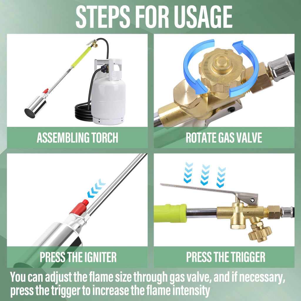 Propane Weed Torch Kit with Tank-Connected Outdoor Burner Model Options, BF-1711, Koman-Q0001 and HD Series for Experienced Adult Yard Maintenance